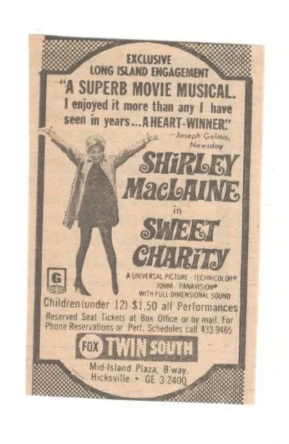 1969 SHIRLEY MACLAINE SWEET CHARITY MOVIE AD Vintage 2"X3" Newspaper 1960's EB21