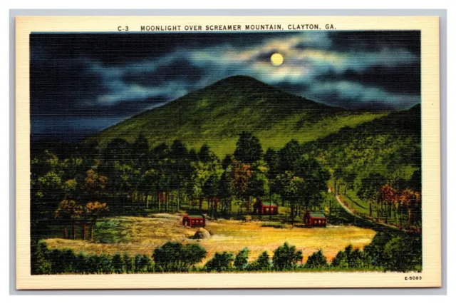 Clayton GA Georgia Moonlight Over Screamer Mountain Unposted Linen Postcard