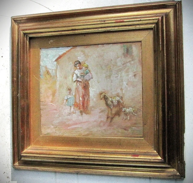 ANTICO DIPINTO AD OLIO SU TAVOLA, FIRMATO -  Contadinella con bimba e caprette