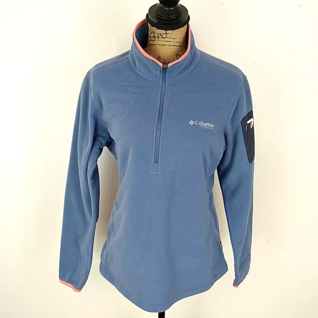 Columbia Titanium Womens sz L Fleece Jacket Solid Blue Pink Trim 1/4 Zip Pockets