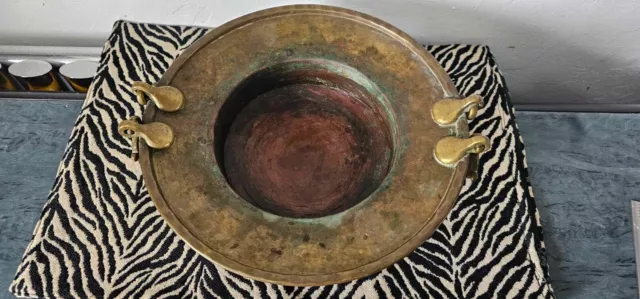 Exquisite Antique Hammered Brass Twin Handled Brazier Bowl