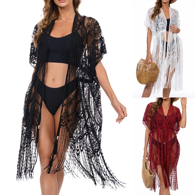 Summer Beach Lace Womens Cover Up Cardigan Holiday Sheer Open Front Long Tassels
