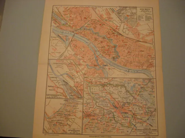 Bremen-Haven-Kanal Karte von 1902 Stadtplan mit Straßenregister-Original Lith.