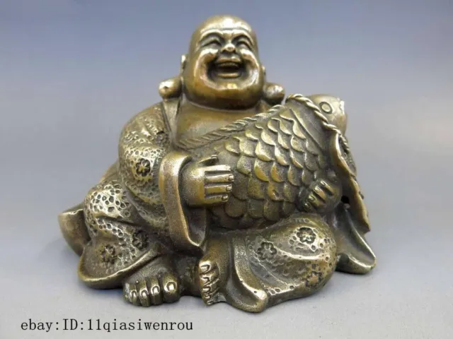 Chinese Brass Copper Buddhism Fengshui Fish Money Wealth Maitreya Buddha Statue