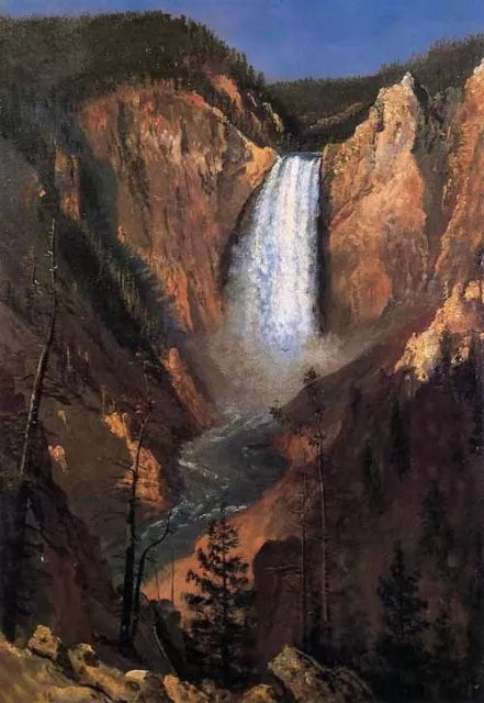 Handpainted Oil painting landscape Lower Yellowstone Falls from mountains 36"