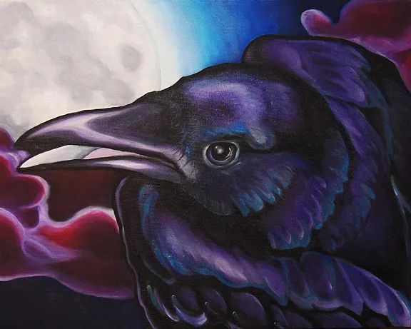 8x10 RAVEN & Moon Bird Signed Crow Art PRINT of Original Oil Painting by VERN