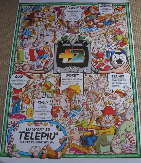 Jacovitti Telepiu' 2 Poster Promo Tele + Sport Calcio Golf Tennis Basket 1994