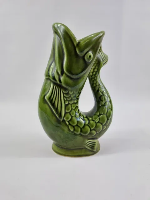 Dartmouth Pottery Devon England Vintage Green Gurgling Fish Pitcher Vase 7.5"