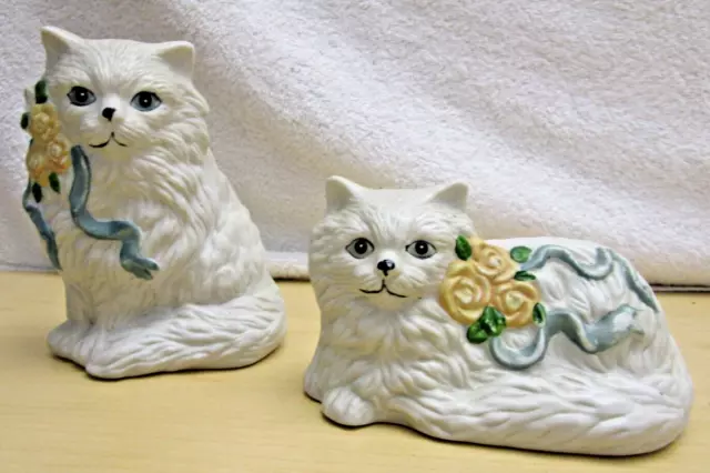 Set Of Two Vintage Ceramic Fluffy Cats With Blue Ribbons And Yellow Roses