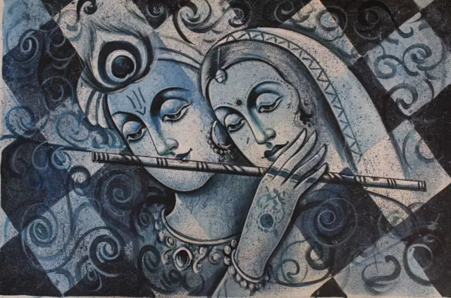 Pintado a Mano Krishna Radha Pintura De Religioso Obra Arte en Lienzo 2