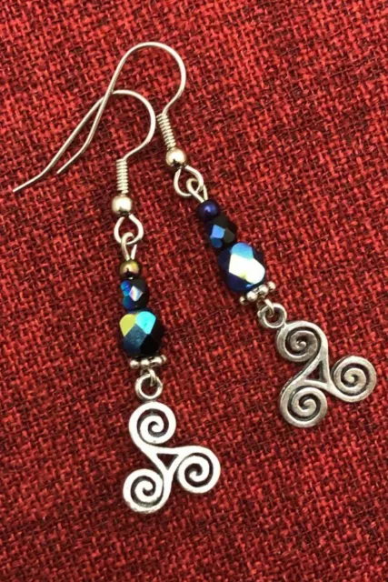 Celtic Triskle Earrings Irish Iona Spiral Viking Crystal Silver Pewter Beaded