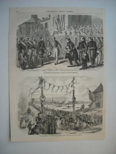 Gravure 1857. Arrivee De L'empereur A Strasbourg. Presentation Maires Bas-Rhin..
