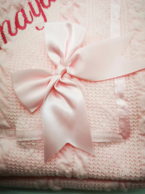 Personalised Luxury Baby Cable BOW RIBBON  Blanket Embroidered Boy Girl Gift 2
