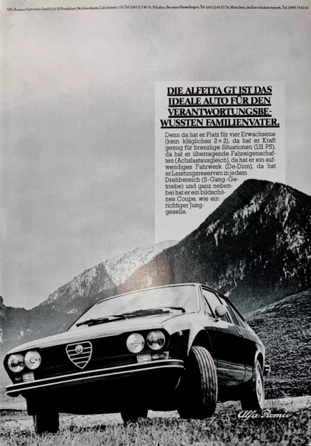 Alfa Romeo Alfetta GT Reklame / Werbung von 1976 "121 PS, 5-Gang"