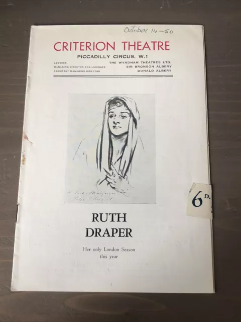 RUTH DRAPER Character Sketches 1950 Criterion Theatre Programme