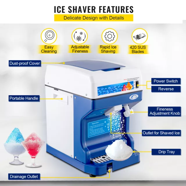 VEVOR Commercial Ice Shaver Snow Cone Maker Machine Ice Crusher Shaver 120kg/h 3