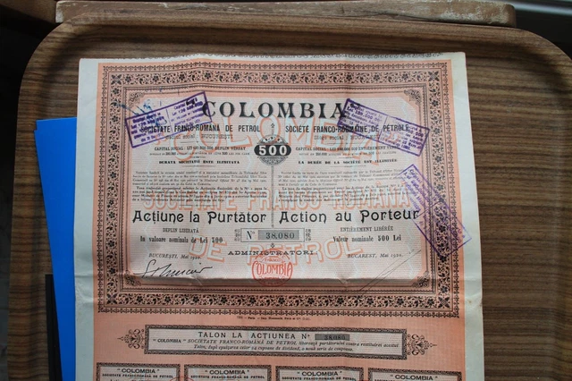 Action Titre Au Porteur  Colombia Société Franco-Roumaine Pétrole 1920