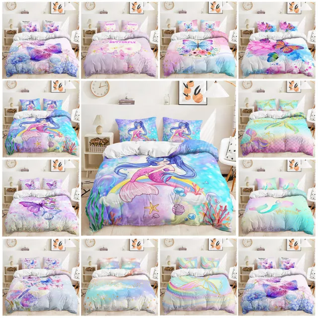 Blue Purple Butterfly Fish Scale Mermaid Lovely  Duvet Quilt Cover Bedding Set
