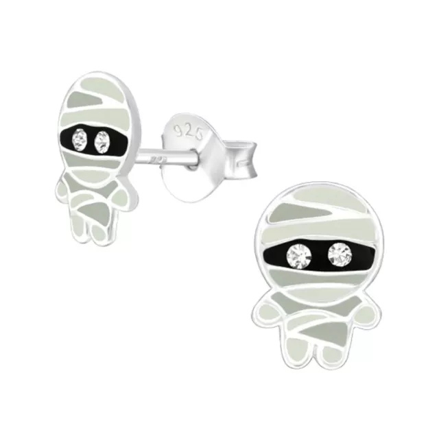 Petite Sterling Silver Mummy Stud Earrings with Crystals - Boxed Halloween Cute