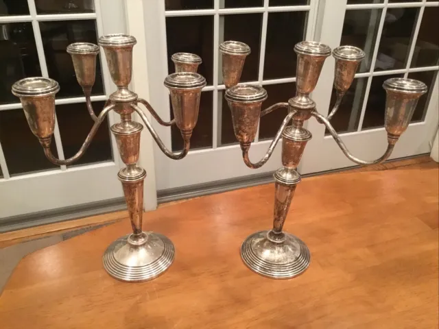 Gorgeous Vtg.  Pair of Crown Weighted Sterling 5 Light Candelabra Candlesticks