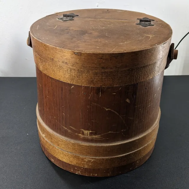 Primitive Antique Wooden Firkin Sugar Bucket Lidded 10x10 Wooden Handle