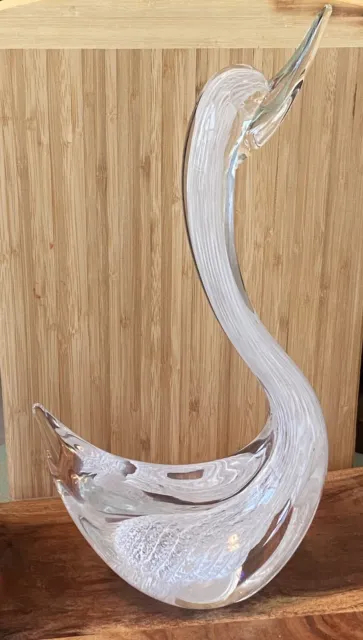 Vintage Murano XL Glass Swans 16” & 11.5” — Pair - White Swirl Hand Blown Glass