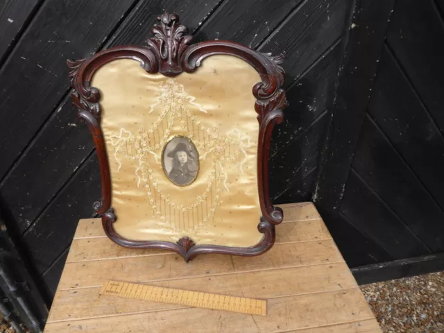 Antique  19th C. Georgian pole screen frame with Silk one side / Photo to other