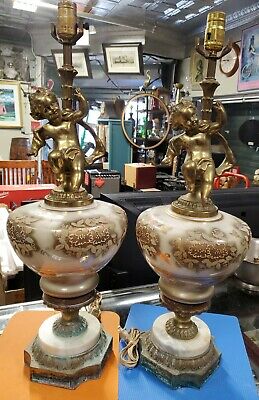 Vintage Pair of Hollywood Regency Cherub Table Lamps • Untested •