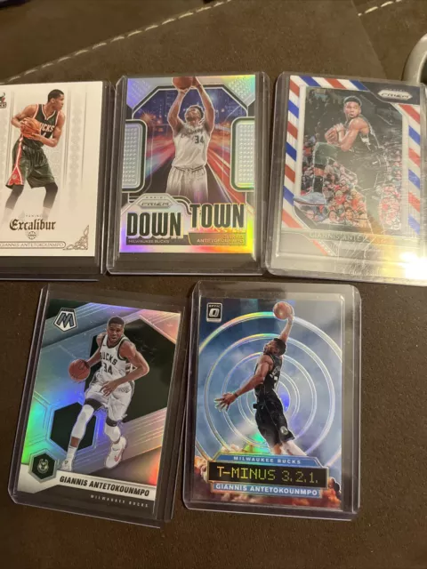 giannis antetokounmpo 5 Card Lot- 2014 Panini Excalibur, 2018 Prizm Red White Bl