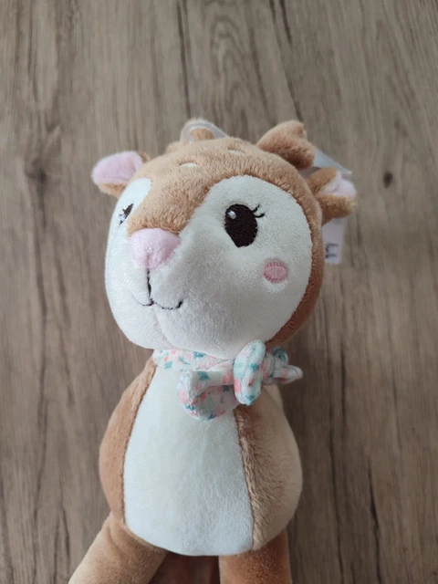 Doudou Peluche Biche Faon Marron Blanc Noeud Fleur Vert Rose  Tex Baby 25Cm