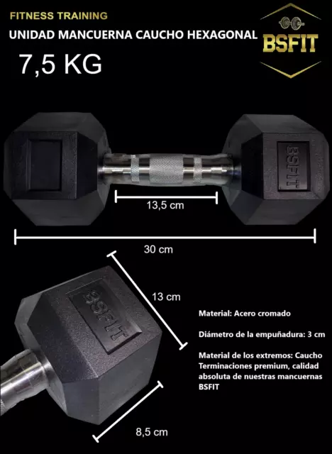 BSFIT Mancuernas dumbells hexagonales ergonómicas empuñadura de cromo 7,5kg x ud 2