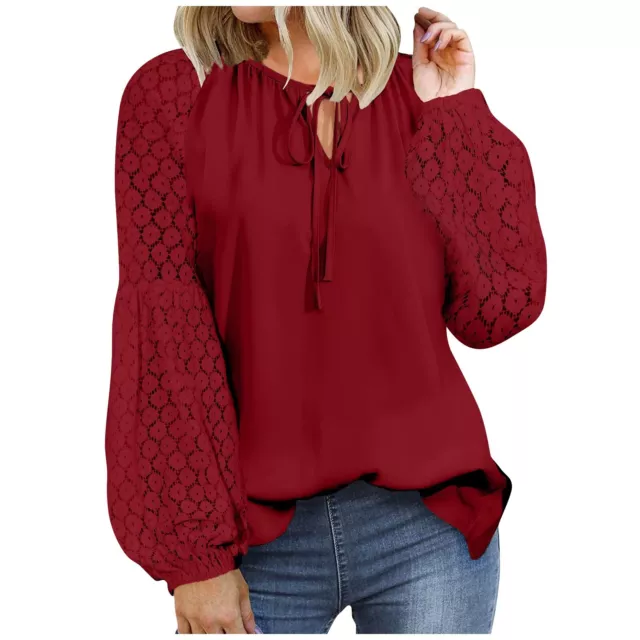 Women's Fashion Casual Long Sleeve Solid Color Lace Bishop Sleeve Bandage Top Bl 2