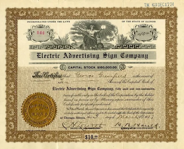 1917 Electric Advertising Sign Co Stock Certificate