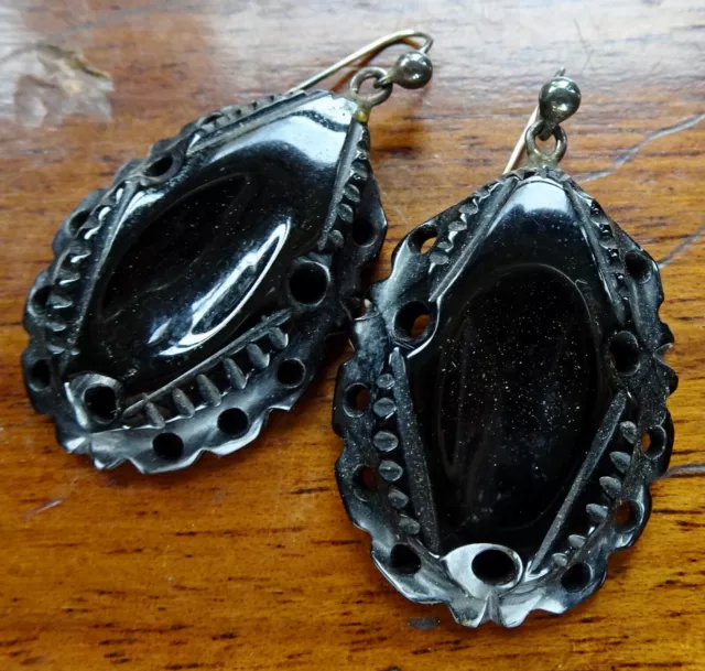 antique Victorian WHITBY JET & SILVER fancy carved statement pierced earrings H2