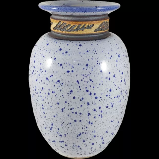 Handmade Light Blue Pottery Flower Vase - 7" Speckled Impressed Leaves Signed