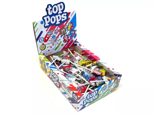 Dorval Top Pops Chewy Taffy Candy Lollipops 48 Count Box Assorted Fruit Flavors
