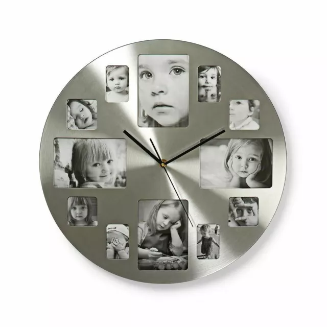 Silver 12 Multi Photo Picture Wall Clock Frame Time Collage Analogue Metal 40CM