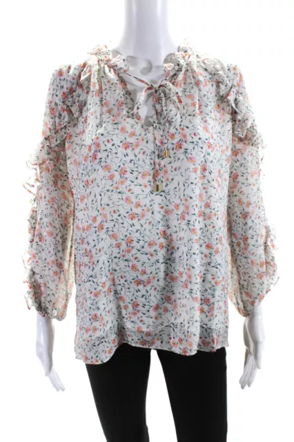 Shoshanna Women's Long Sleeve V-Neck Floral Silk Blouse Beige Size S