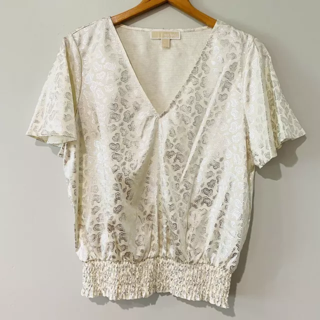 Michael Kors Womens Top Size Medium Paisley Print Silver Metallic Short Sleeve