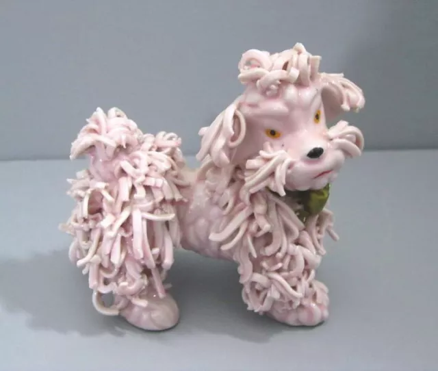 Vintage MCM Pink Spaghetti Poodle Dog Figurine Gold Bow Thames Japan