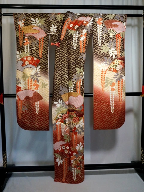 Japanese kimono SILK"FURISODE" long sleeves, Gold leaf, Plants,Fans,L5' 4"..3484 2