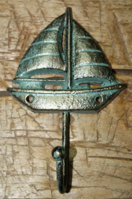 3 Cast Iron Antique Style SAILBOAT Coat Hooks Hat Hook Rack Towel SHIP Nautical