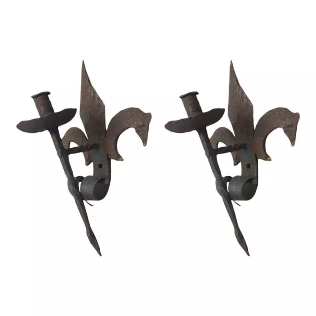 French 19th Century Forged Iron Fleur de Lis Torchère Sconces - a pair