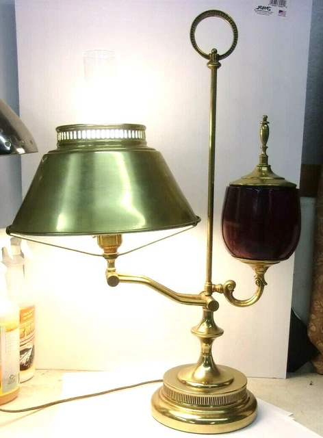 Vintage Brass Student Lamp (electric)  with Ruby Red Glass Font 25" tall REDUCED