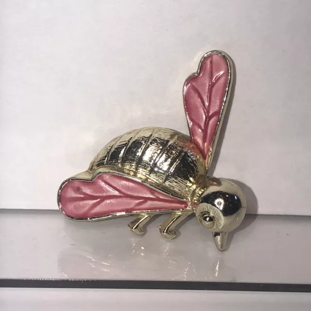 BUMBLE BEE Brooch Pin Metal Gold Color With Pink Wings Unmarked