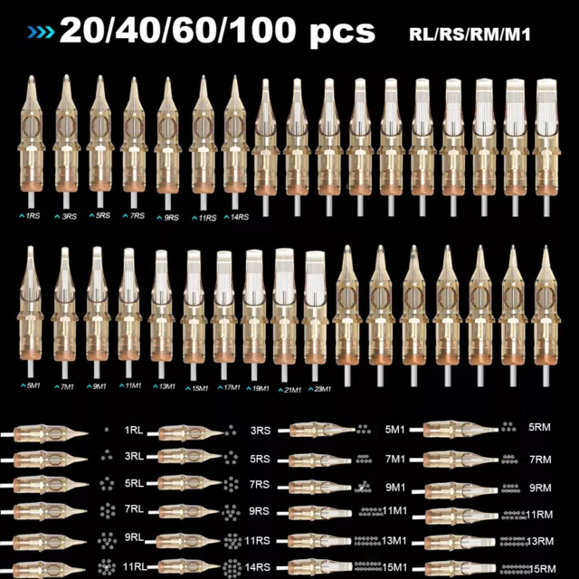 20/40/60/100pcs Tattoo Cartridge Needles RL/RS/RM/M1 Disposable Sterile 0.35mm