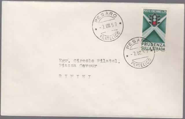 Italia Repubblica 1957 EDUCAZIONE STRADALE BUSTA Annullo FDC PESARO FILATELICO