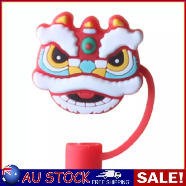 Cartoon Straw Cover Reusable Silicone Straw Caps Decor for 5-10mm (Lion Red)