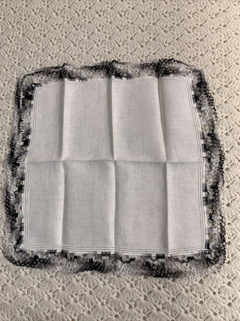 Vintage White Handkerchief Linen Hand Made With Black Gray Ombré Edge 13” EUC