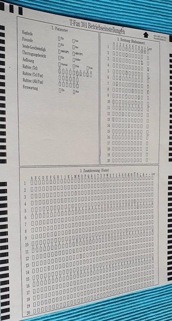 Datenprogrammierblatt für das T-Fax 301 der Telekom - Programmierblatt - Tel.usw